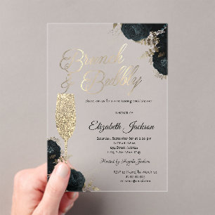 Dark Flowers Champagne Glass Green Acrylic Invitations