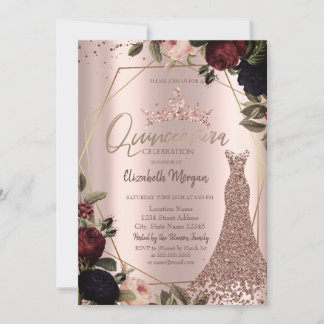 Dark Flowers Crown Rose Gold Dress Quinceañera Invitation