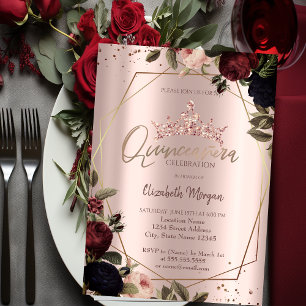 Dark Flowers Crown Rose Gold Quinceañera   Invitation