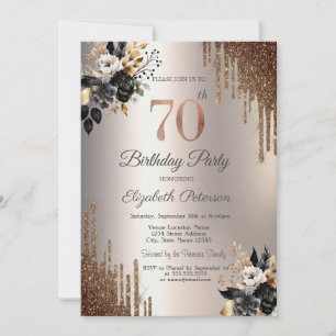 Dark Flowers Glitter Drips Ivory 70th Birthday Invitation