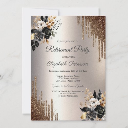 Dark Flowers Glitter Drips Ivory Retirement Party Invitation