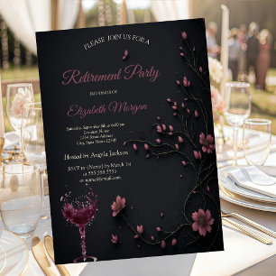 Dark Flowers Gothic Wine Glass Retirement Part  Invitation
