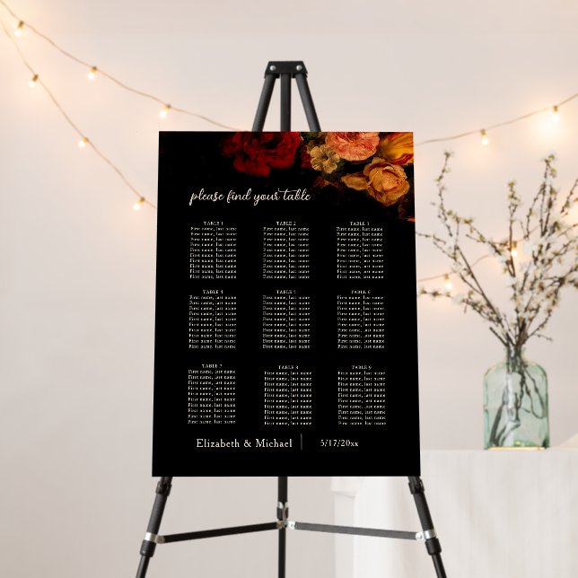 Dark  Flowers Wedding Seating Chart Foam Board (In Situ (Stand))