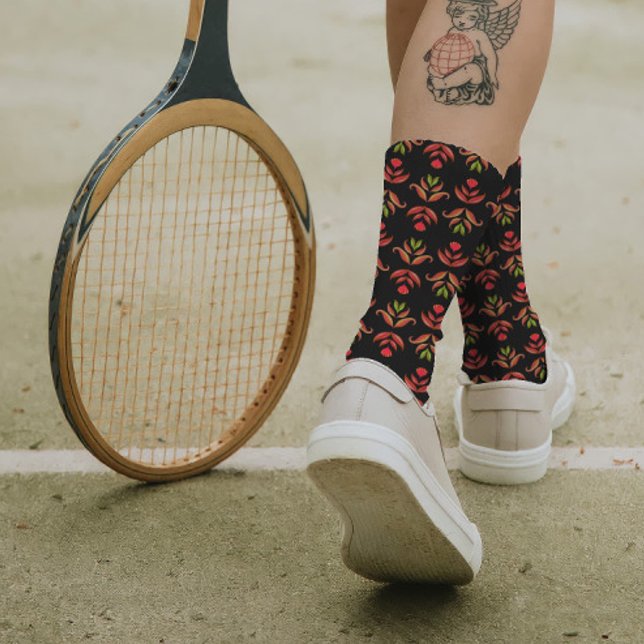  Dark Folk Art Floral Print Cozy Rustic Black Fall Socks (Creator Uploaded)