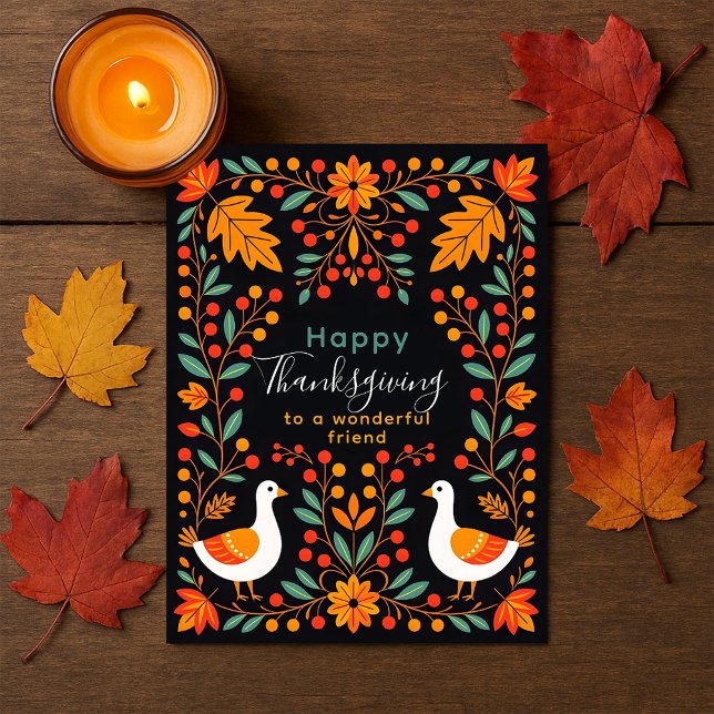 Dark Folk Art Geese Maple Leaves Thanksgiving Postcard (Creator Uploaded)