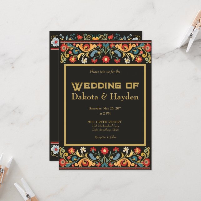 Dark folk art wedding invitation, gold script invitation (Front/Back In Situ)