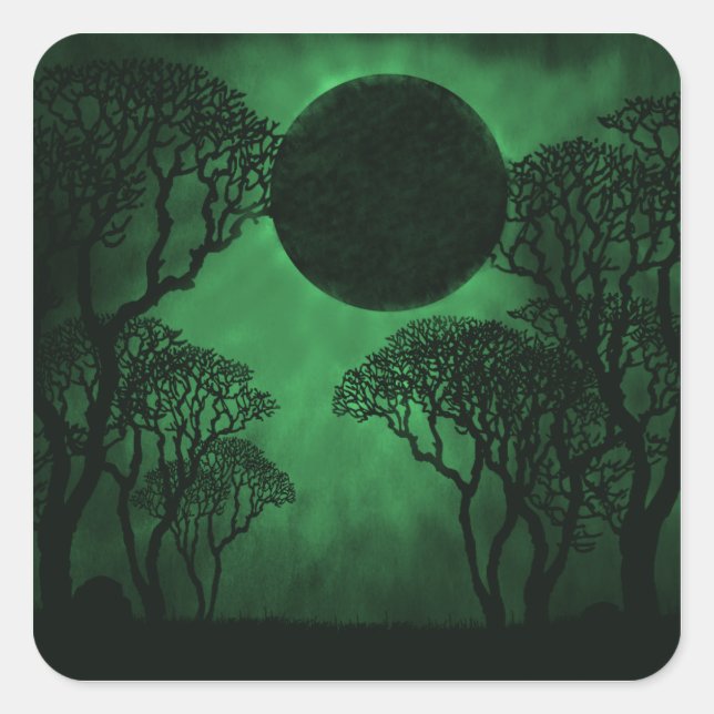 Dark Forest Eclipse Square Stickers, Green Sticker (Front)