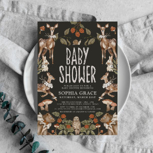 Dark Forest Elegant Woodland Animals Baby Shower Invitation