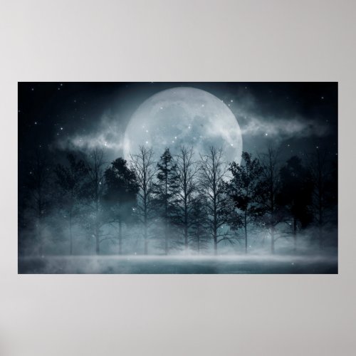 Dark forest Gloomy dark scene with trees big moo Poster