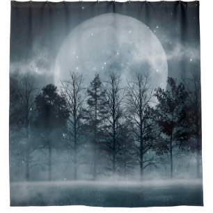 Dark forest. Gloomy dark scene with trees, big moo Shower Curtain