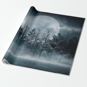 Dark forest. Gloomy dark scene with trees, big moo Wrapping Paper