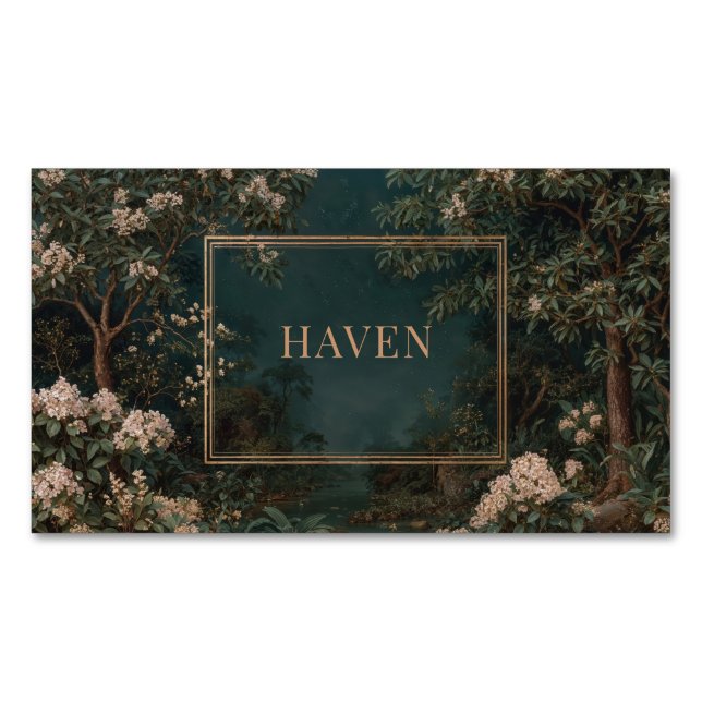 Dark Forest Gold Frame Blush Pink Floral Night Business Card Magnet (Front)