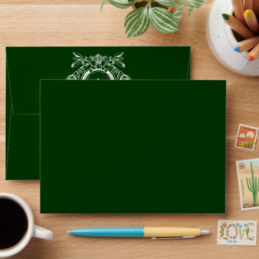 Dark Forest Green A7 Scrollwork Monogram Envelopes | Zazzle