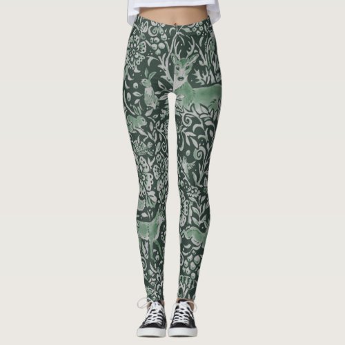 Dark Forest Green Animal Fox Rabbit Owl Fantasy Leggings