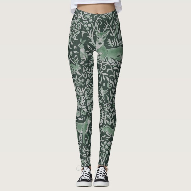 Dark Forest Green Animal Fox Rabbit Owl Fantasy Leggings (Front)