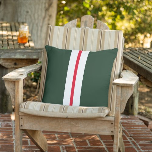 Dark Forest Green Bright Red White Racing Stripes  Outdoor Pillow