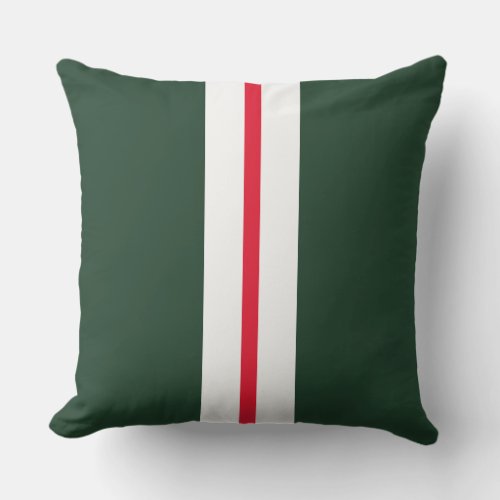 Dark Forest Green Bright Red White Racing Stripes  Outdoor Pillow