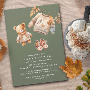 Dark Forest Green Cute Neutral Autumn Baby Shower Invitation