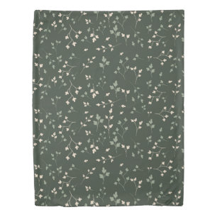 Dark Forest Green Ditsy Botanical Leaf Pattern Duvet Cover