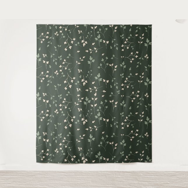 Dark Forest Green Ditsy Botanical Leaf Pattern Tapestry (Front)