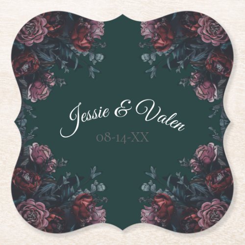 Dark Forest Green Elegant Wedding Maroon Mauve Paper Coaster