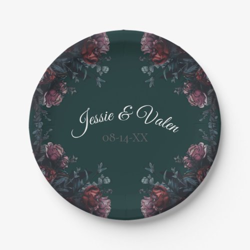 Dark Forest Green Elegant Wedding Maroon Mauve Paper Plates