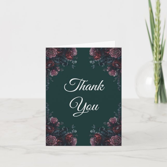 Dark Forest Green Elegant Wedding Maroon Mauve Thank You Card (Front)