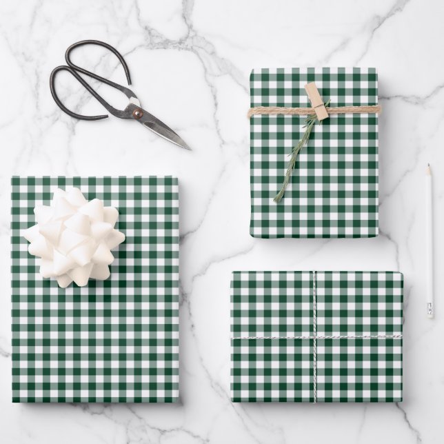 Dark Forest Green Gingham Check Pattern Wrapping Paper Sheets (Front)
