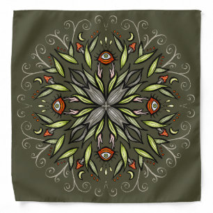 Dark Forest Green Goblincore Mushroom Eyes Trippy Bandana
