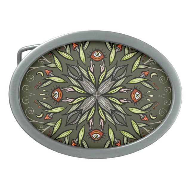 Dark Forest Green Goblincore Mushroom Eyes Trippy Belt Buckle (Front)