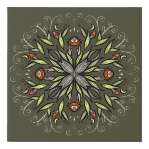 Dark Forest Green Goblincore Mushroom Eyes Trippy Faux Canvas Print
