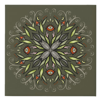 Dark Forest Green Goblincore Mushroom Eyes Trippy Faux Canvas Print