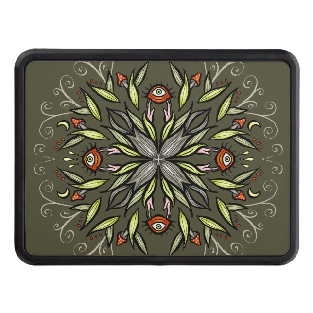Dark Forest Green Goblincore Mushroom Eyes Trippy Hitch Cover (Front)