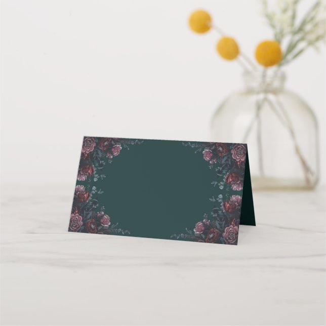 Dark Forest Green Gothic Elegant Wedding Maroon Place Card (Front)