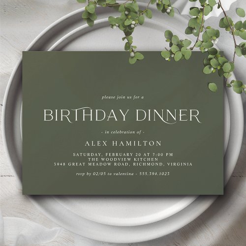 Dark Forest Green  Modern Minimal Birthday Dinner Invitation