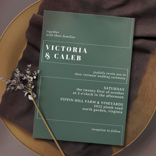 Dark Forest Green  Modern Minimalist Wedding Invitation