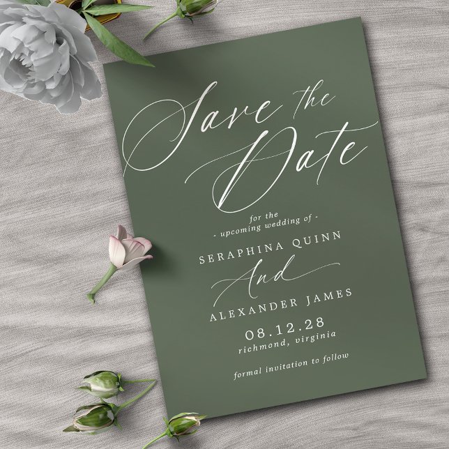 Dark Forest Green Moss | Simple Elegant Script Save The Date (Creator Uploaded)