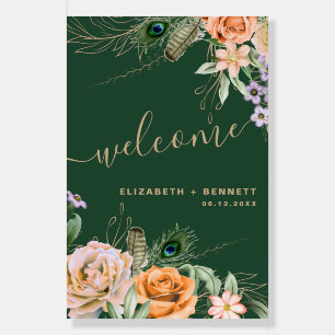 Dark Forest Green Peacock Feathers Welcome Wedding Foam Board