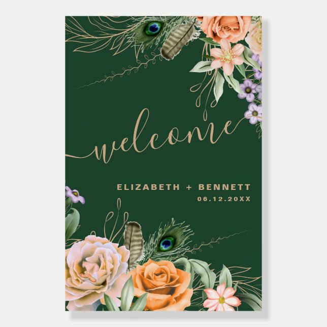 Dark Forest Green Peacock Feathers Welcome Wedding Foam Board (Front)