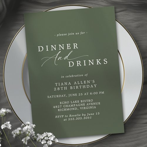 Dark Forest Green  Typography Birthday Dinner Invitation