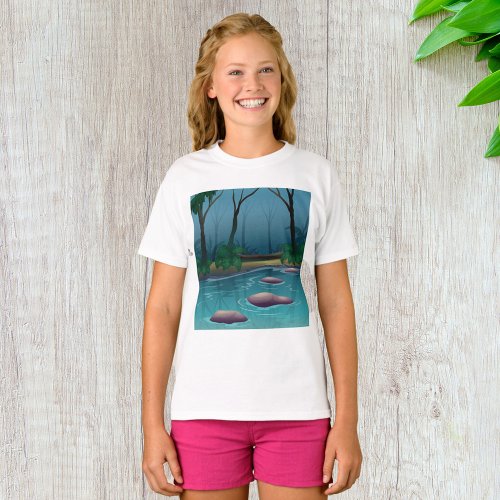 Dark Forest Trees And Stream T_Shirt