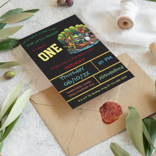 Dark Froggy_Themed First Birthday Party  Invitation