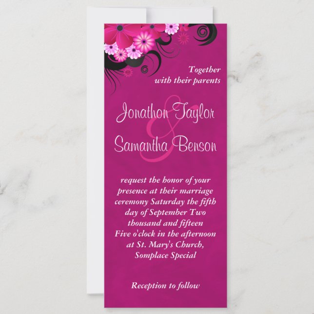Dark Fuchsia Floral 4" x 9.25" Wedding Invites (Front)