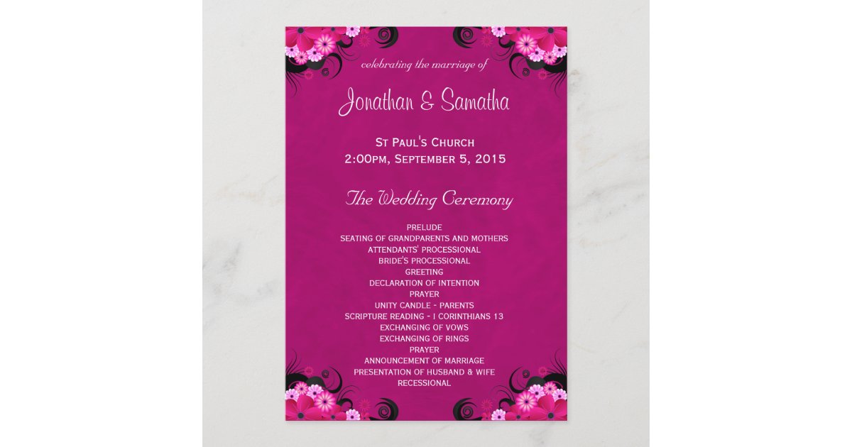Dark Fuchsia Floral Flat Wedding Program Template | Zazzle
