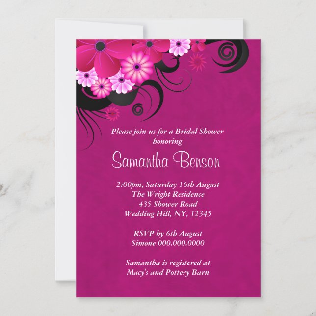 Dark Fuchsia Floral Wedding Bridal Shower Invites (Front)