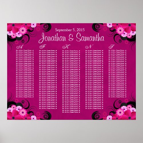 Dark Fuchsia Floral Wedding Table Seating Charts