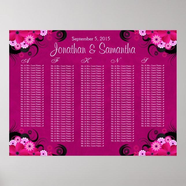 Dark Fuchsia Floral Wedding Table Seating Charts (Front)