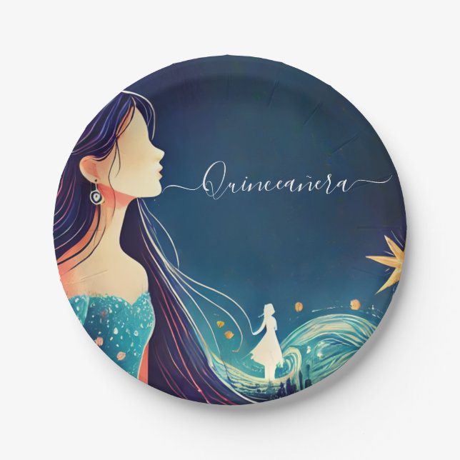 Dark Fun Star Prom Starry Night Sky Quinceanera Paper Plates (Front)