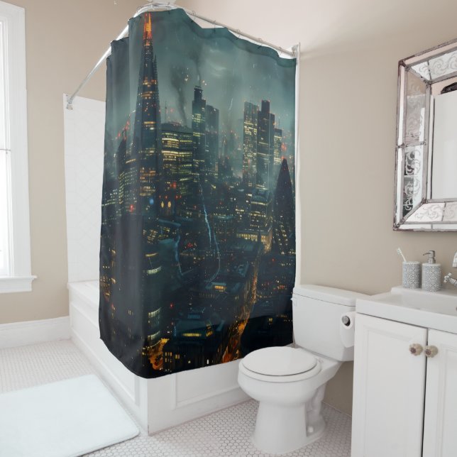 Dark Futuristic Stormy City  Shower Curtain (In Situ)