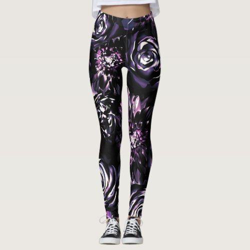 Dark Garden Bewitching Bold Purple Glam Flowers Leggings